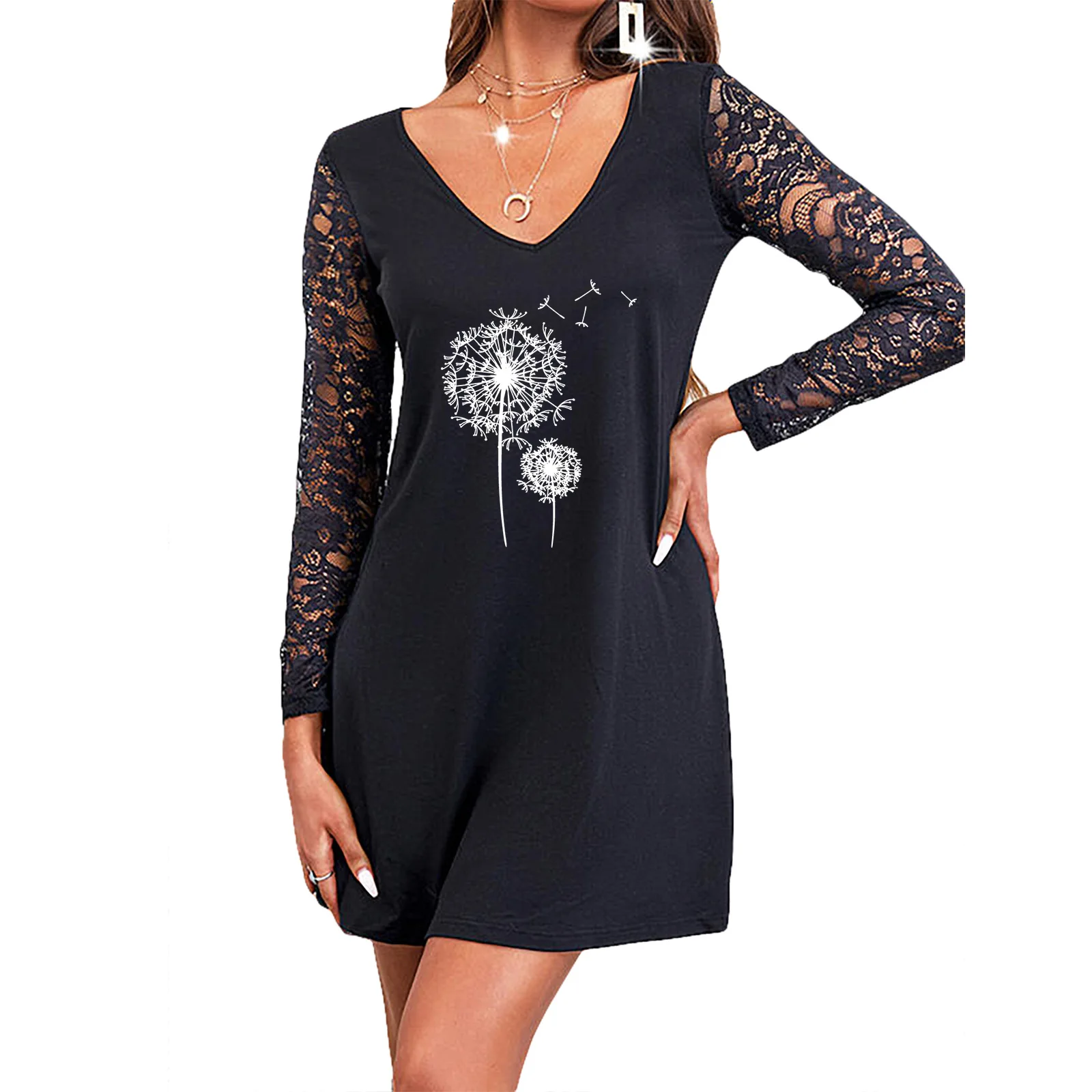 

Black Dress for Women Print Sexy V-Neck Sweatshirts Mini Dresses Sexy Lace Long Sleeve Straight Pocket Casual Loose Maxi Dress