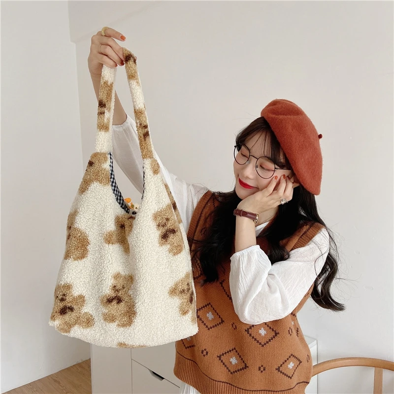 

Women's lamb velvet shoulder bag canvas fluffy fur bear handbag large capacity soft shopping bag cute bag female reusable