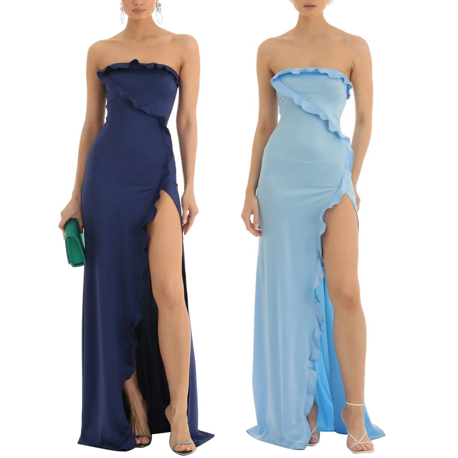 

Женское платье без рукавов HEZIOWYUN, Элегантное Длинное платье с открытыми плечами и высоким разрезом, летнее платье с оборками, весна-лето