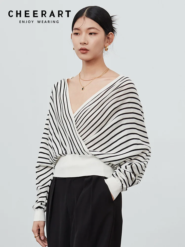 

CHEERART 32% Basolan шерстяной свитер, Женский Полосатый коричневый джемпер с V-образным вырезом, вязаный Топ с длинным рукавом летучая мышь, осенняя мода