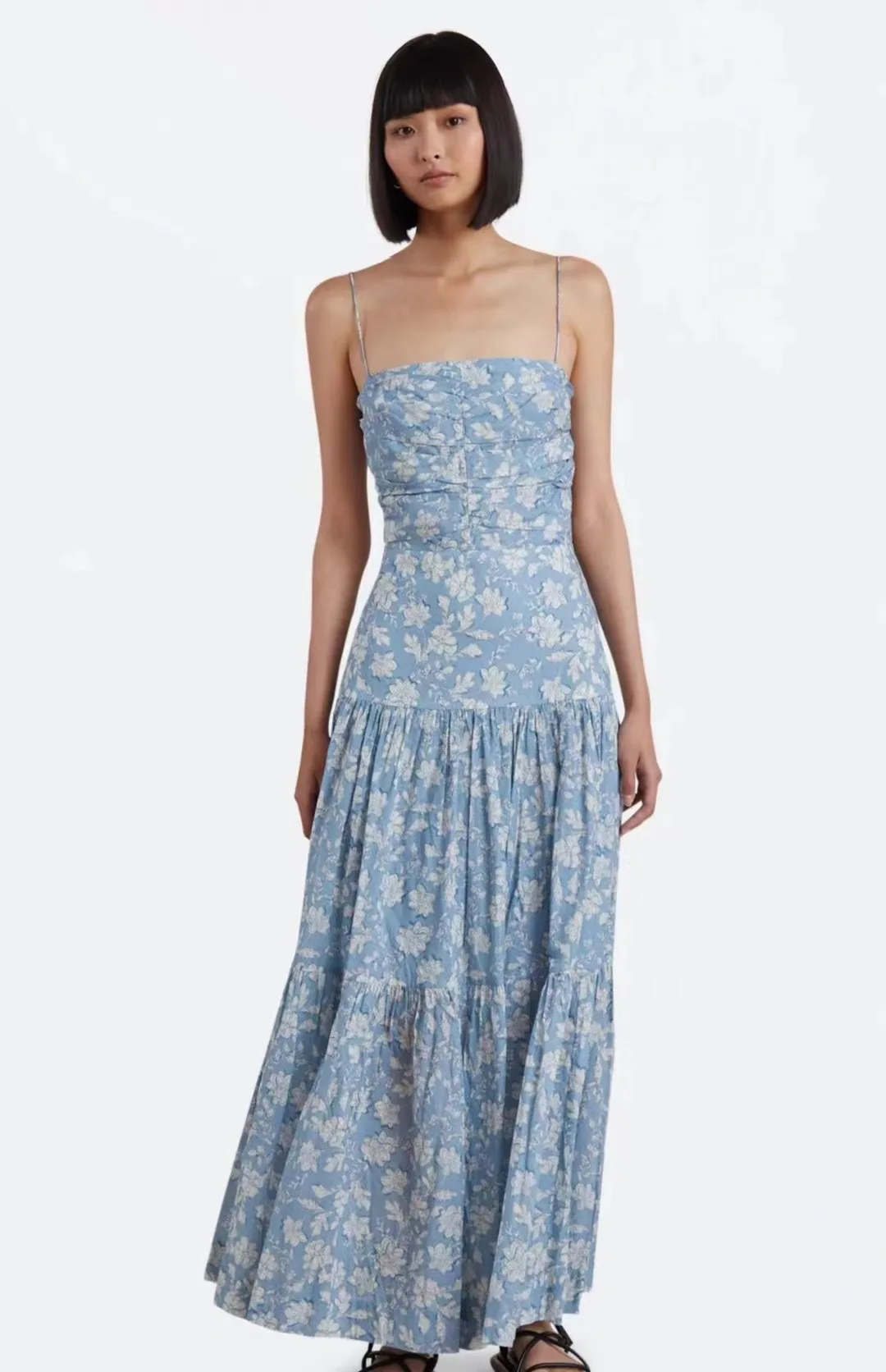 

Women Strapless Cotton Floral Printed Backless BowKnot Long Maxi Sling Dress