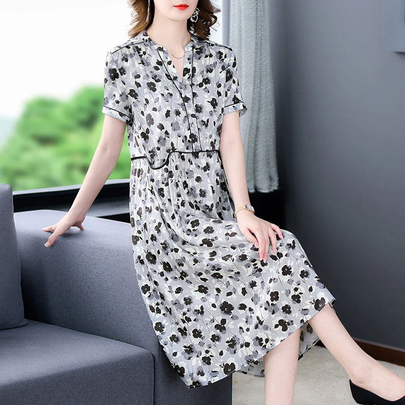 

Women Black Floral Mulberry Silk Midi Dress Summer New Elegant Bodycon Office Lady Dress Korean Vintage high quality Party Dress