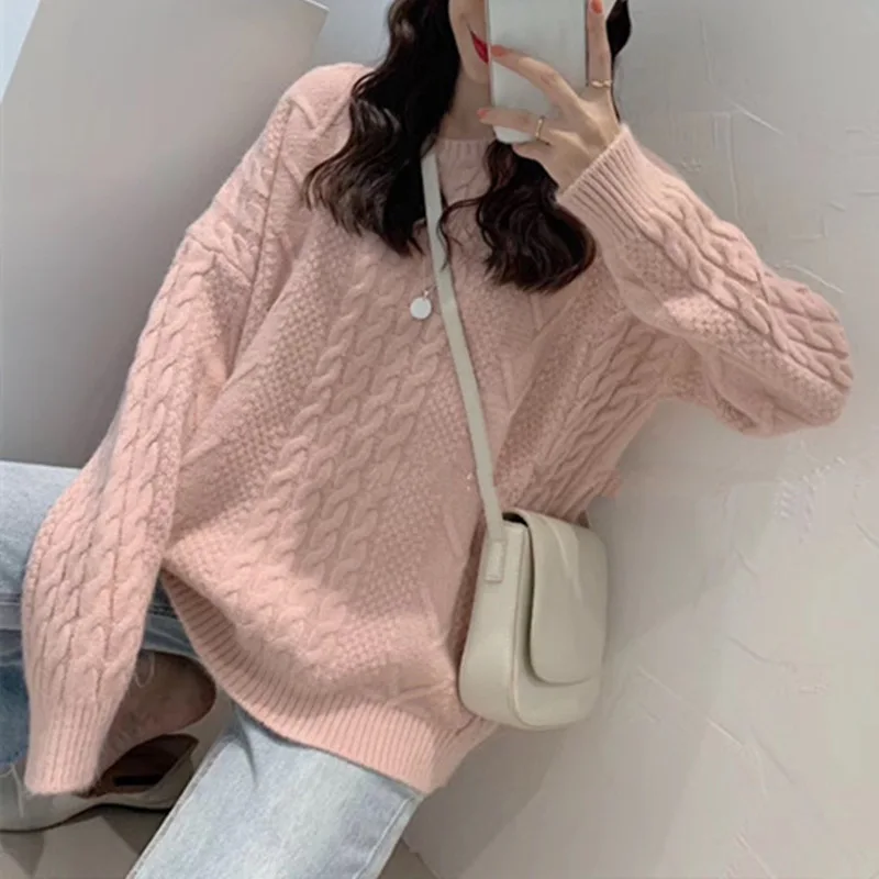 

2023 New Autumn Winter Sweaters Women's Loose Fashion Bottoming Soft Glutinous Cable-Knit Sweater Top Women