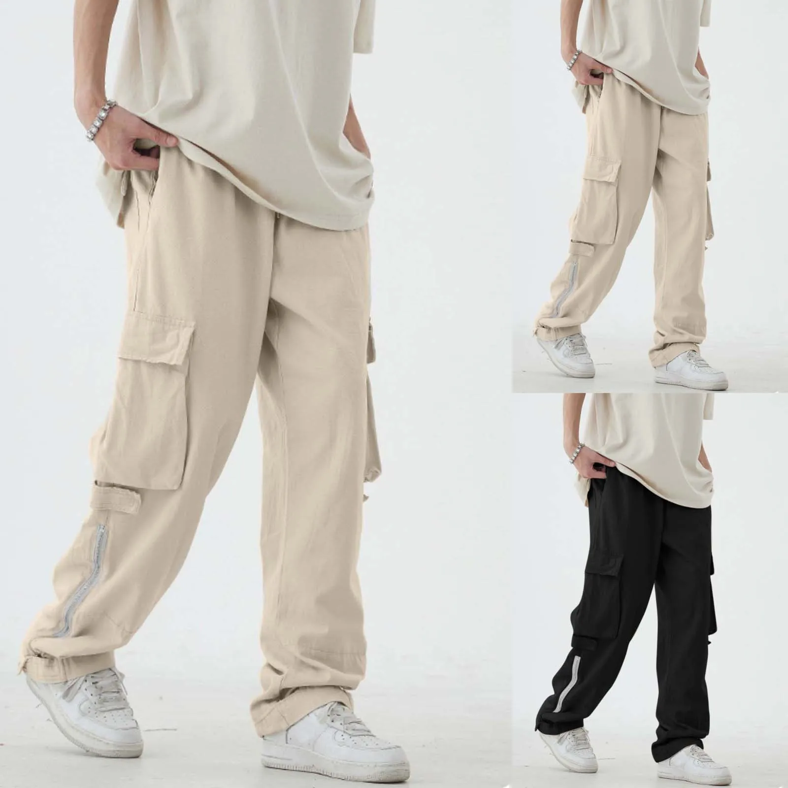 

Men Cotton Fashion Sports Casual Pants Elastic Waist Straight Leg Loose Pants White Memory Business Casual Trousers for Men