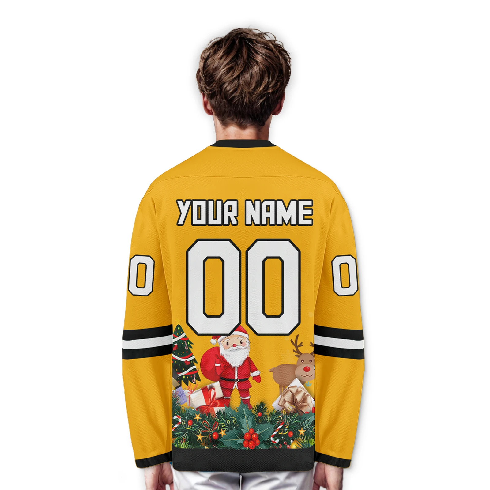 Желтый хоккейный трикотаж Рождественский Санта-Клаус индивидуальный принт имя