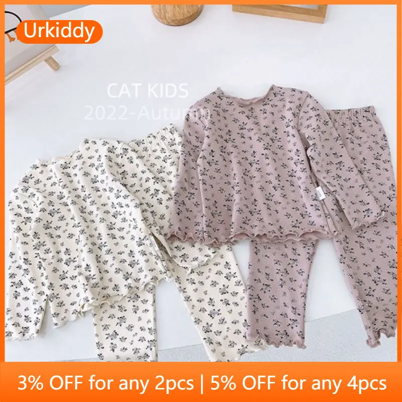 

Детские пижамы, осенняя футболка с длинным рукавом и брюки, Пижамный костюм, одежда для сна с цветочным принтом, детский домашний комплект и...