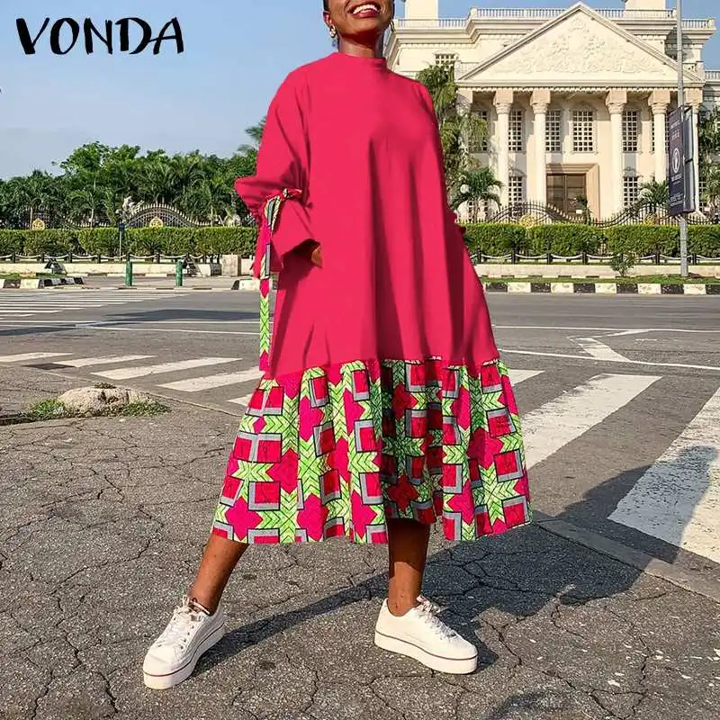 

Women Pleated Printed Dresses VONDA 2022 Spring Winter Basic Vestidos Lady Casual Round Neck Flare Sleeve Sundress Baggy Robes