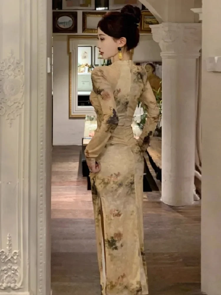 Ezgaga платья женские модные сексуальные сетчатые с цветочным принтом и разрезом