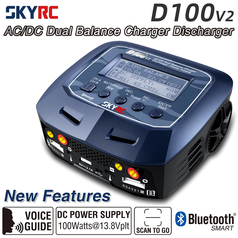 

SKYRC D100V2 AC DC Lipo Battery Balance Charger 1S-6S Dual 100W DC Power Supply for LiPo/Life/LiIon/LiHV/NiMH/NiCd/Pb RC Charger