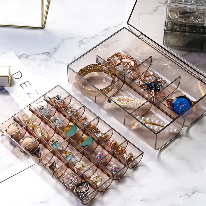 

Square Portable Double Layer Jewelry Box Transparent Earring Necklace Compartment Box Desktop Dust-proof Storage Organizer