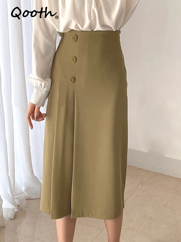 

Qooth Spring Summer Solid Color Mid-length A-line Hip Skirts Women Elegant High-waisted Pleated Skirt QT1728