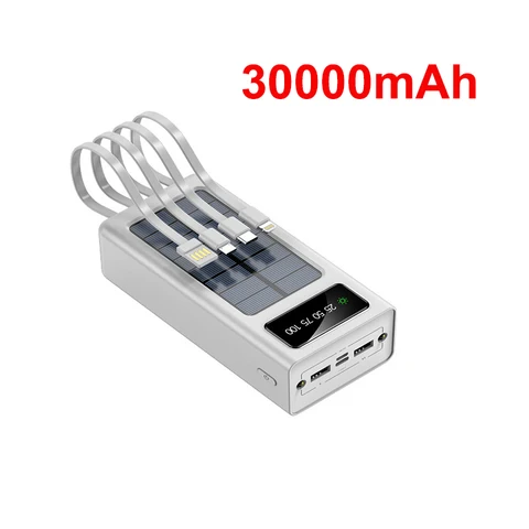 Солнечная батарея емкостью 30000 мАч со встроенными 4 кабелями Powerbank с быстрой зарядкой Портативная внешняя батарея для Xiaomi iPhone 16 Samsung