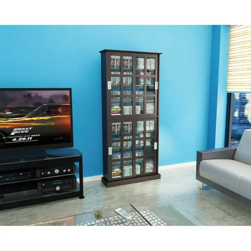 

Windowpane Media Storage Cabinet Bookshelf with Sliding Glass Doors (720 CDs, 288 DVDs 348 Blu Rays), Espresso Filing cabinet d