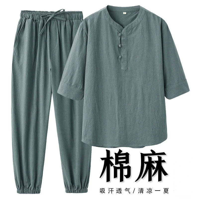

Summer Men's Cotton Linen Short-sleeved T-shirt + Pants Suit Fashion Men's Five-point Sleeve Trousers Men Sweatpants