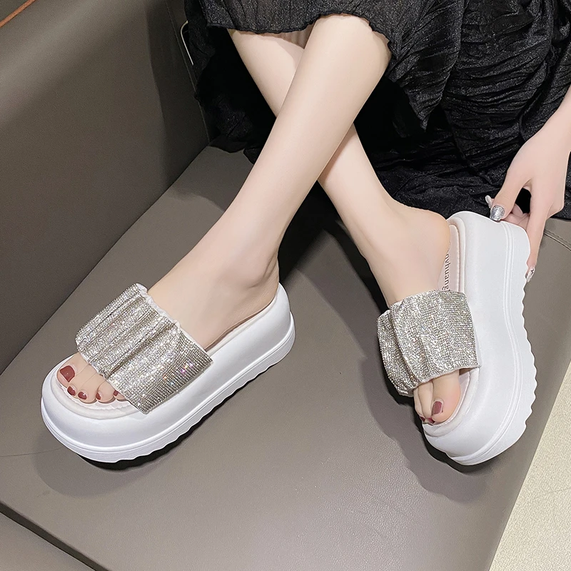 Women Luxury Rhinestone Wedges Slippers Summer Platform Thick Botttom Sandals Woman Bling PU Leather Anti-Slip Slide 7CM Slipper
