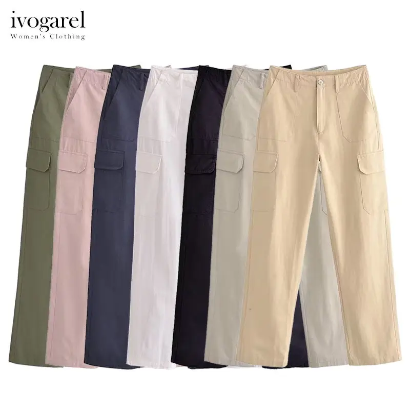 

Ivogarel High-Rise Straight-Fit Cargo Trousers with Patch Pockets Female Classic Elegant Woman Pants Multiple Colors Available
