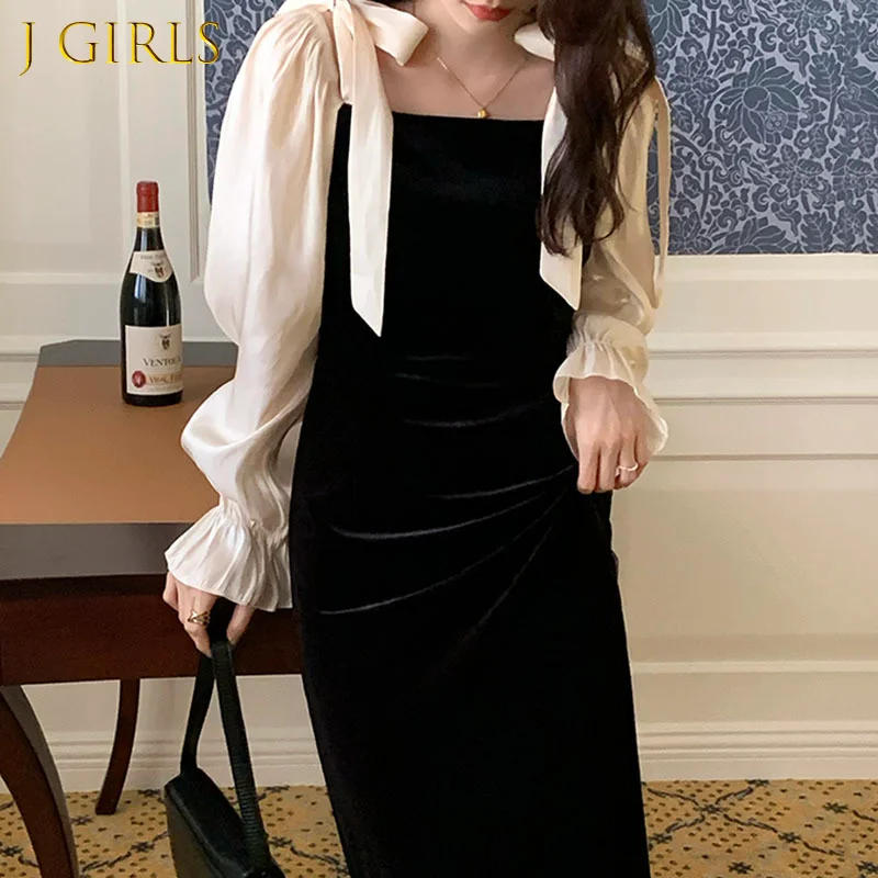 

J GIRLS Elegant Retro Dress Female Square Collar Tie Bow Spell Slim Waist Lantern Sleeve Solid Color Velvet Midi Dresses Women
