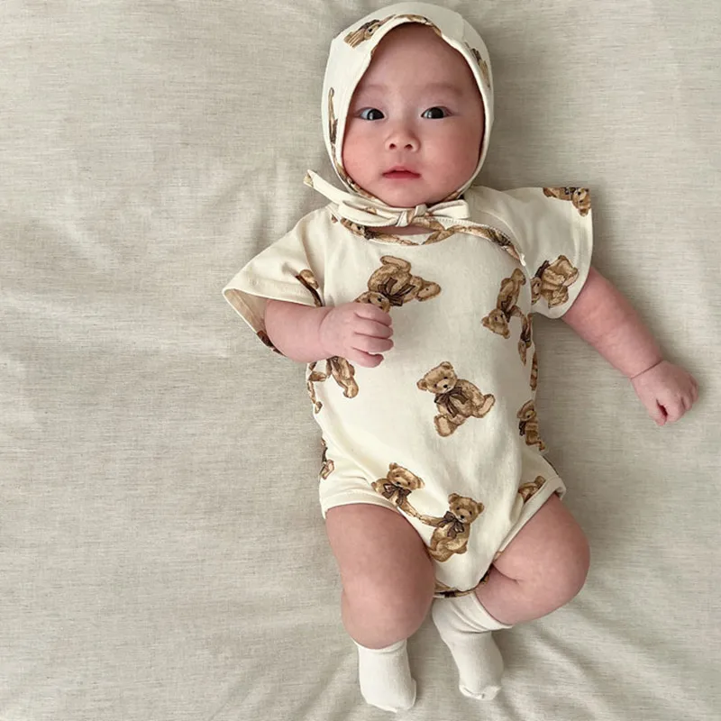 

2023 Summer New Baby Cotton Cartoon Bear Print Short Sleeve Bodysuit Toddler Infant Boy Girl Jumpsuit + Hat Baby Outfits 0-24M