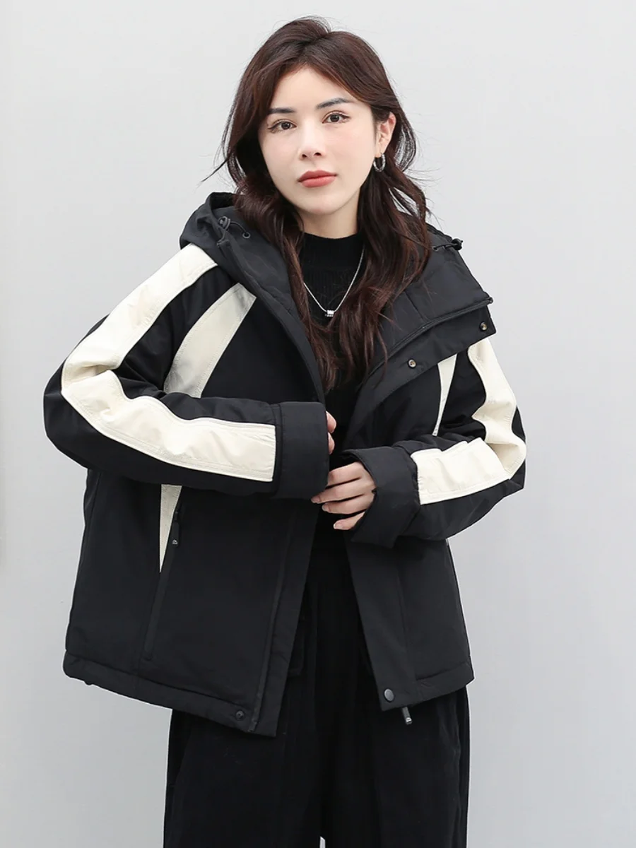 Зимний короткий пуховик женский 2024 модная лоскутная зимняя куртка с капюшоном