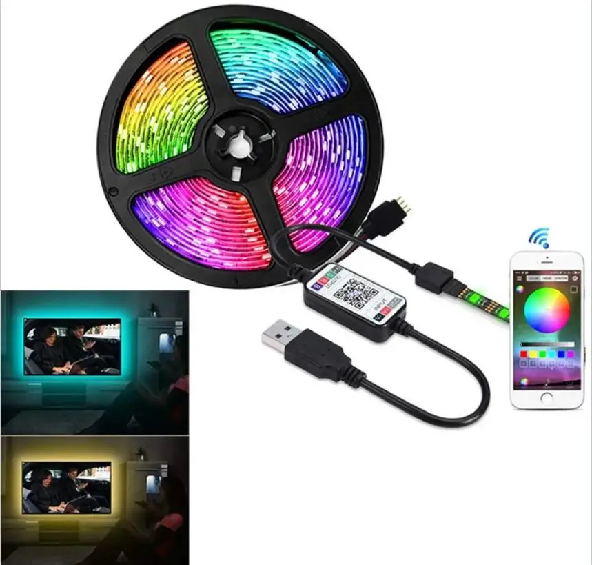 

Светодиодная лента, 5 в постоянного тока, Bluetooth-управление RGB SMD5050, 30 светодиодов/м, USB, цветная Синхронизация с музыкой и таймером, Гибкий комплект подсветки для телевизора