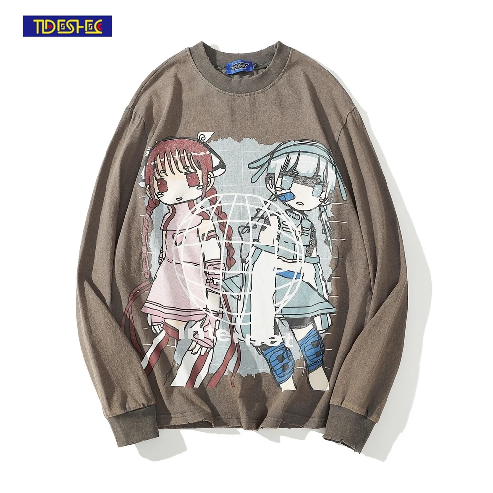 

Oversized Long Sleeve T-Shirt Men Cartoon Anime Girl Printed Washed T Shirt 2022 Spring Hip Hop Streetwear Ripped Cotton Top Tee