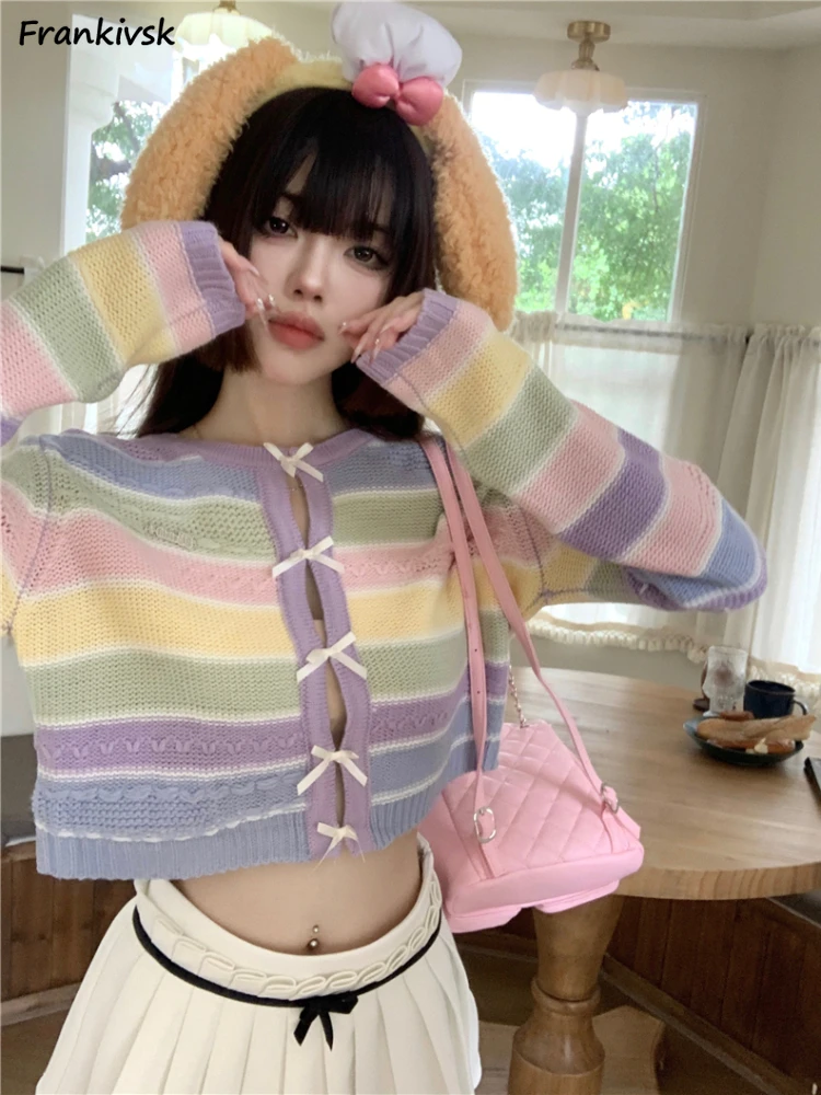 

Sweet Sweaters Women Y2K Slouchy Cropped Bow Streetwear Korean Style Retro Spring Autumn Striped Aesthetic Youthful Vitality Ins
