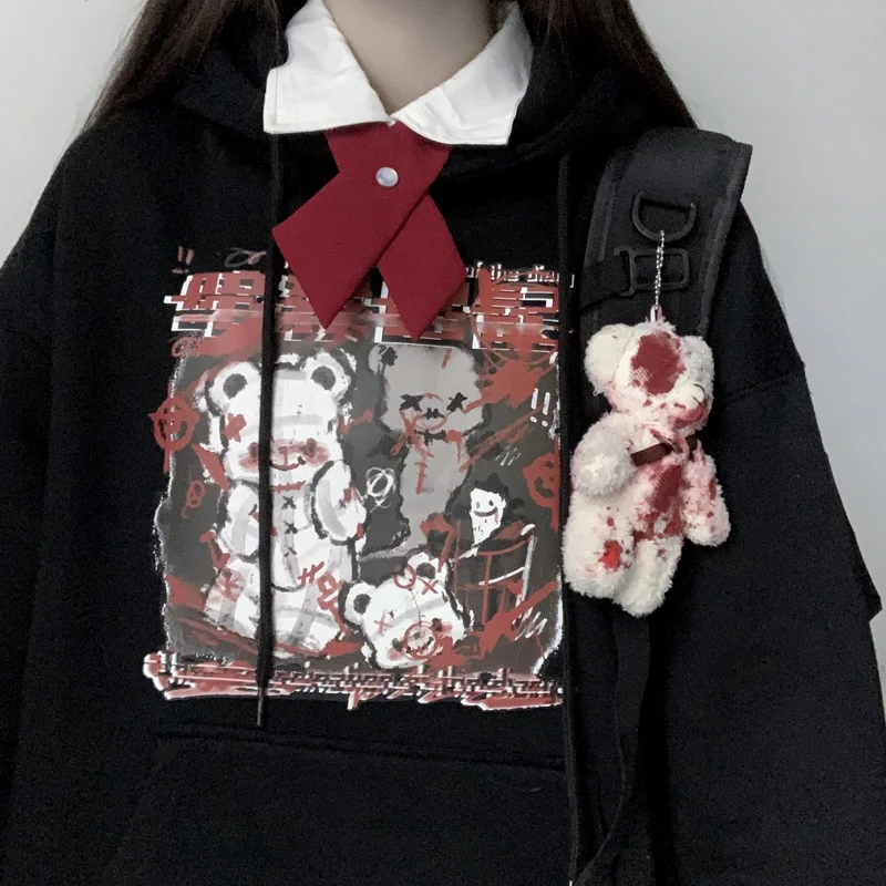 

Худи Женская свободная черная толстовка с аниме принтом Топ с длинным рукавом в стиле панк Прямая поставка Харадзюку японский Готический пуловер свитшот