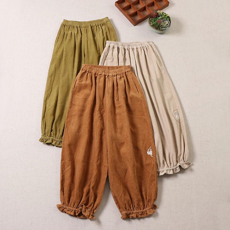

Autumn New Embroidery Flower Pocket Corduroy Pants Women Elastic Waist Ankle-length Pants