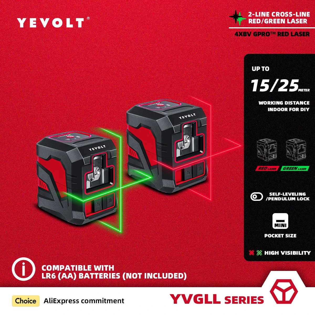 Серия YEVOLT YVRLL4XS2/YVGLL4XS2 красный/зеленый лазерный уровень перекрестная линия