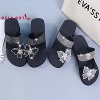 rhinestone butterfly summer 2022 new eva flower thick soled wedges flip flops for womens casual outdoor slippers womens slides