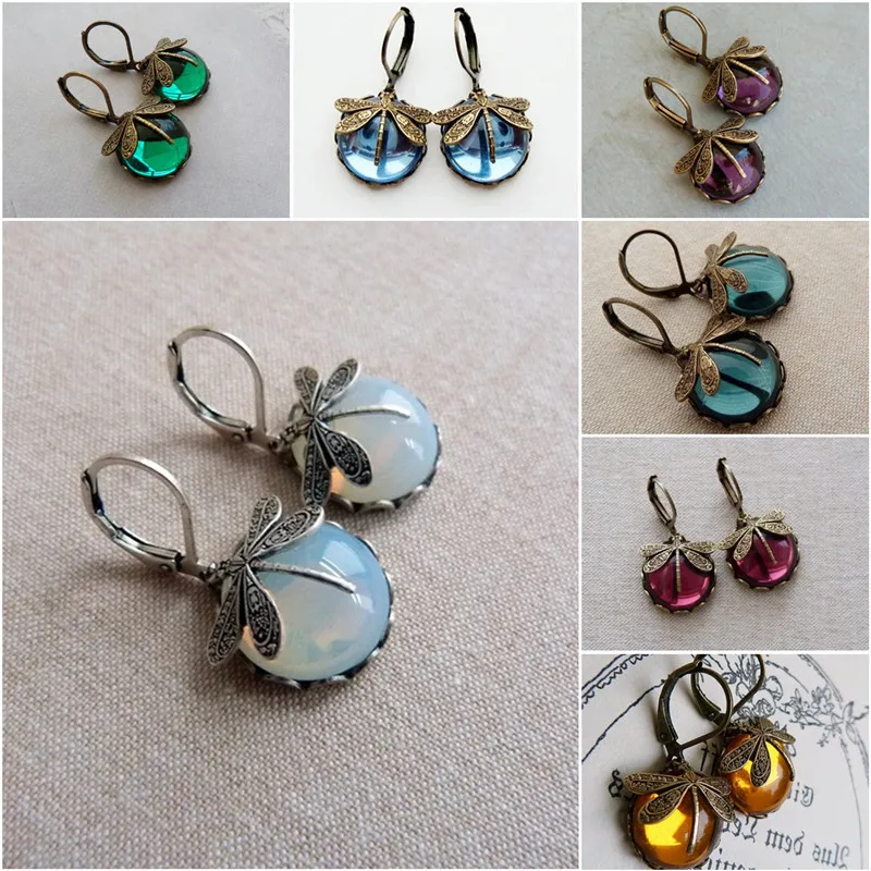 

Elegant Personalized Carved Dragonfly Earrings Seven Colored Stone Leverback Drop Earrings Wedding Engagement Earrings for women