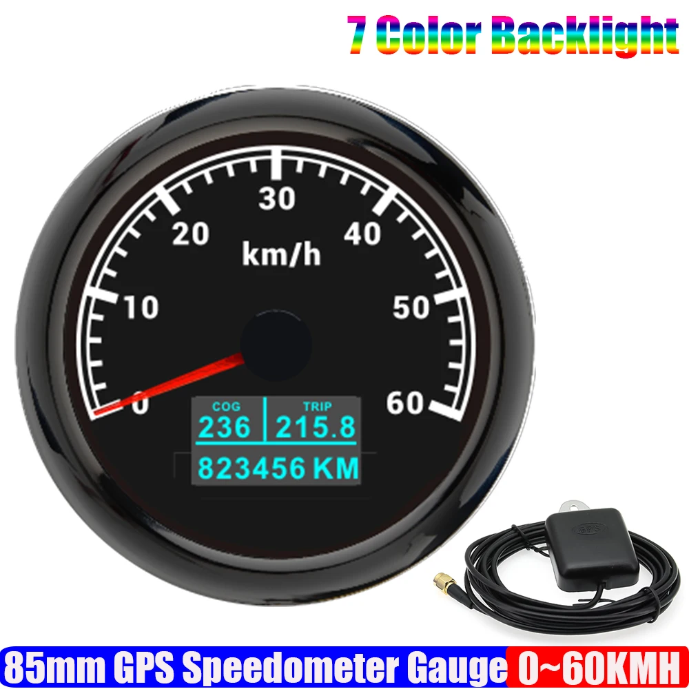 

7-цветный светодиодный автомобильный GPS-спидометр 85 мм с GPS-антенной 30 км/ч, 60 км/ч, 120 км/ч, 200 км/ч, морская лодка, яхта, COG TRIP, одометр