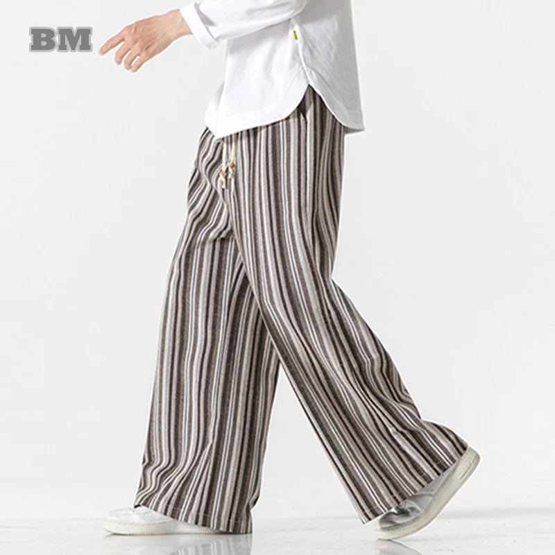 

Широкие брюки в китайском стиле ретро в полоску, Мужская одежда, свободные винтажные бриджи, прямые брюки в этническом стиле, повседневные мужские брюки