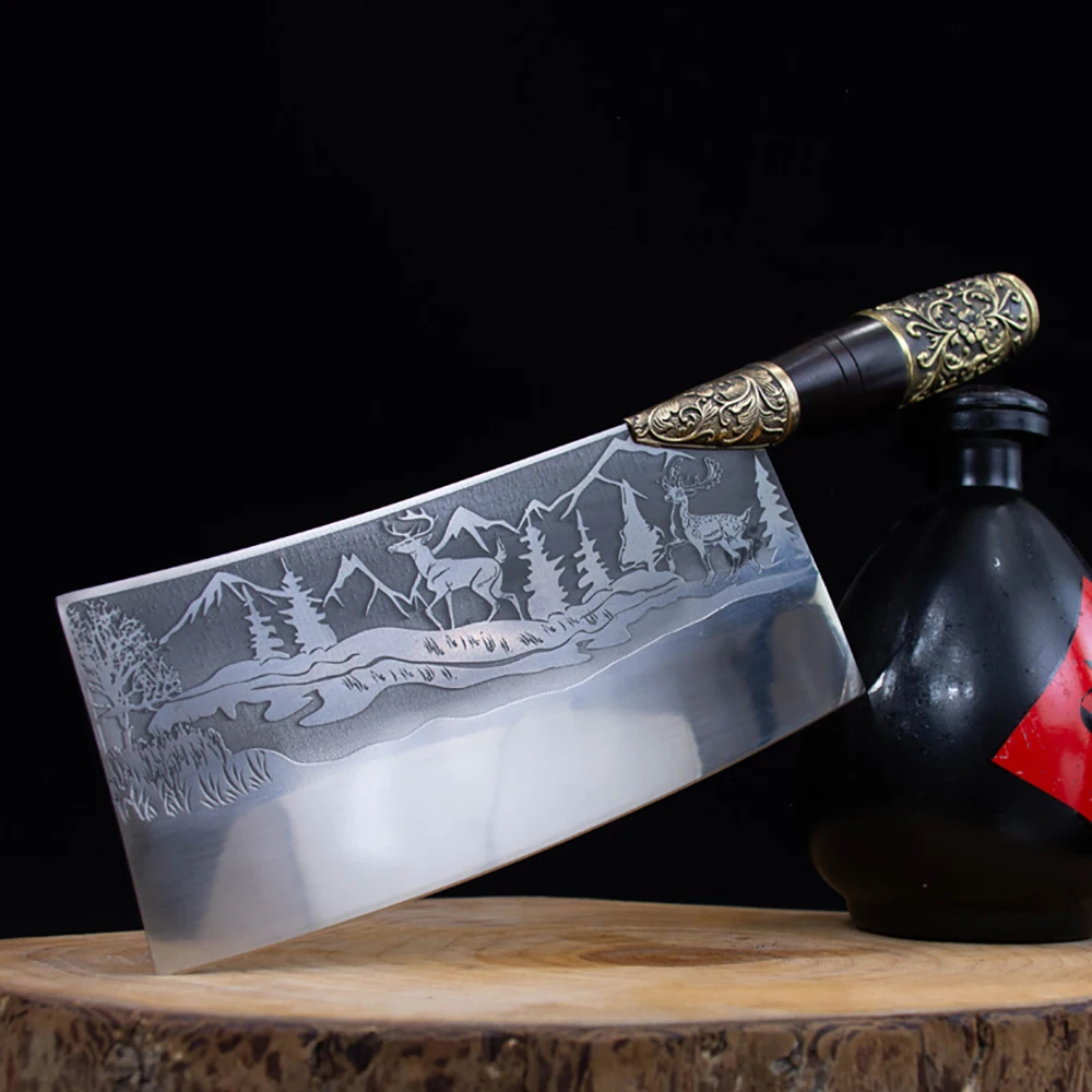 

XSG Christmas Deer Pattern Cutting Knife Kitchen 7Cr17MoV Steel Meat Cleaver Handmade Forged Slicing Knife Ebony Copper Handle