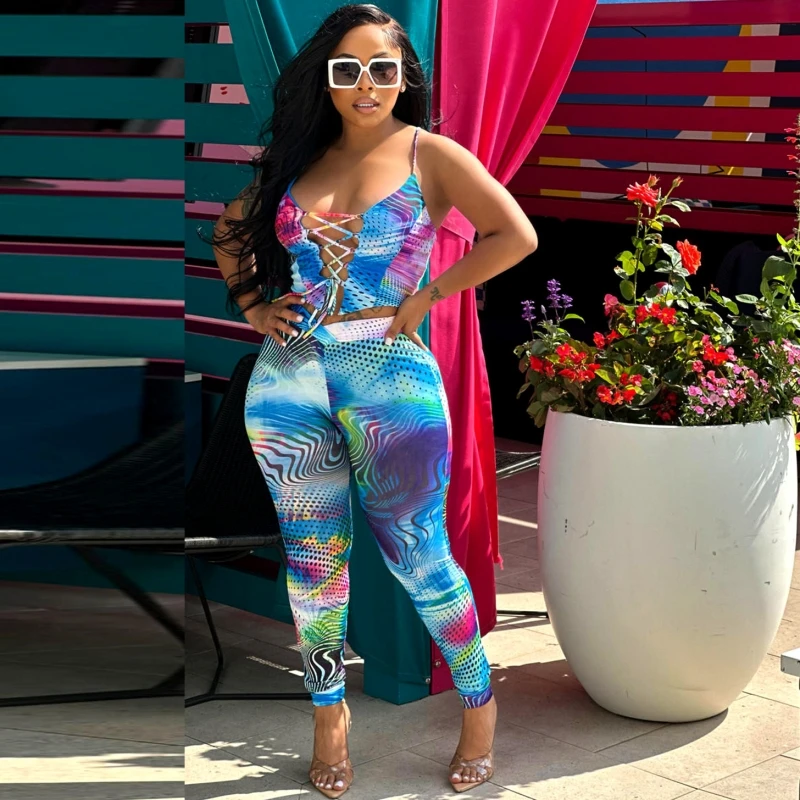 

Two Piece Women Set 2023 New Arrival Summer Autumn Matching Sets 2 Pieces Sets Lace Up Top And Pants Suits Outfits Clothing