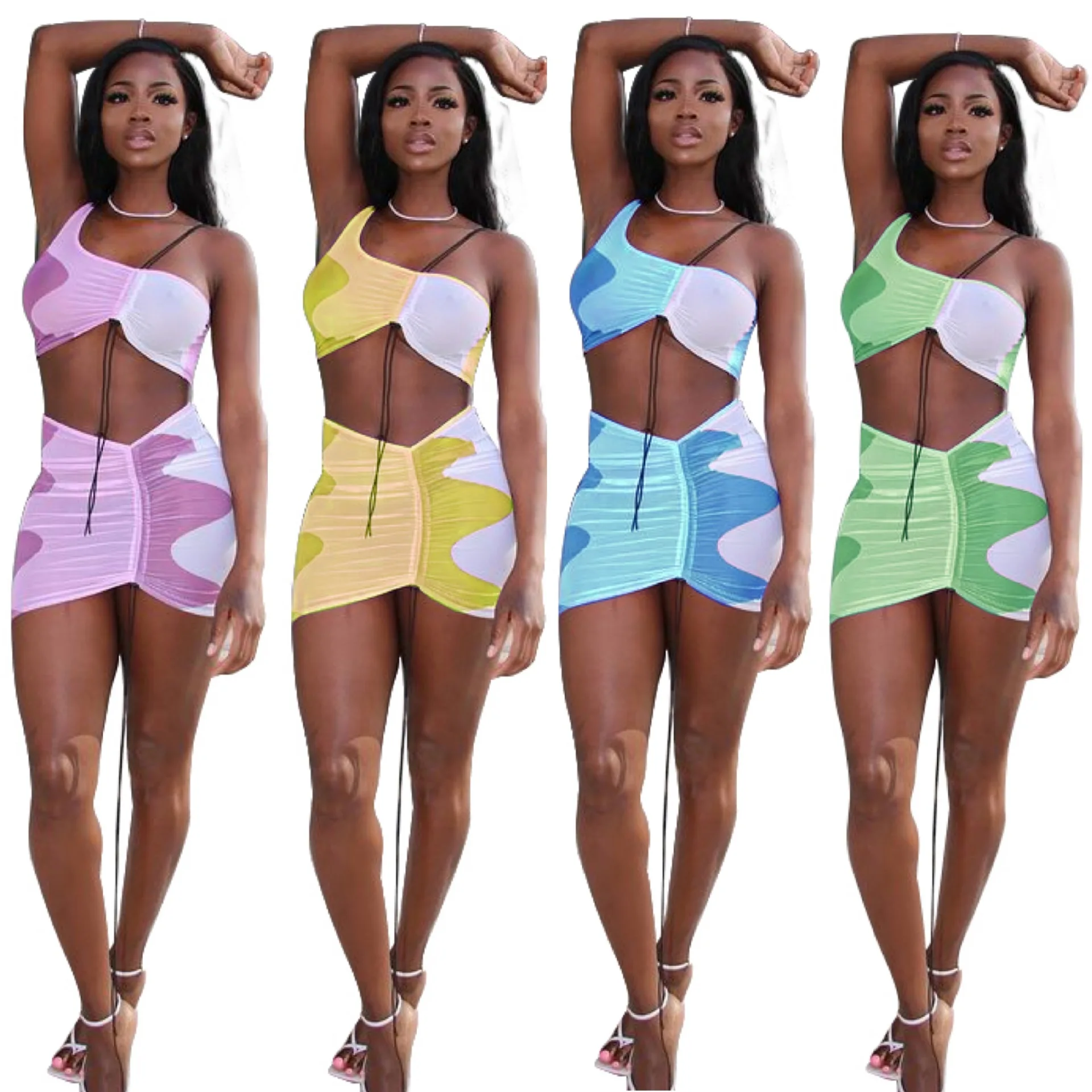 

Two Piece Sets Ladies Fashion Sexy Lace Up Tube Sleeveless Off Shoulder Crop Tops and Short Pleated Skirt Two Piece Set Outfits
