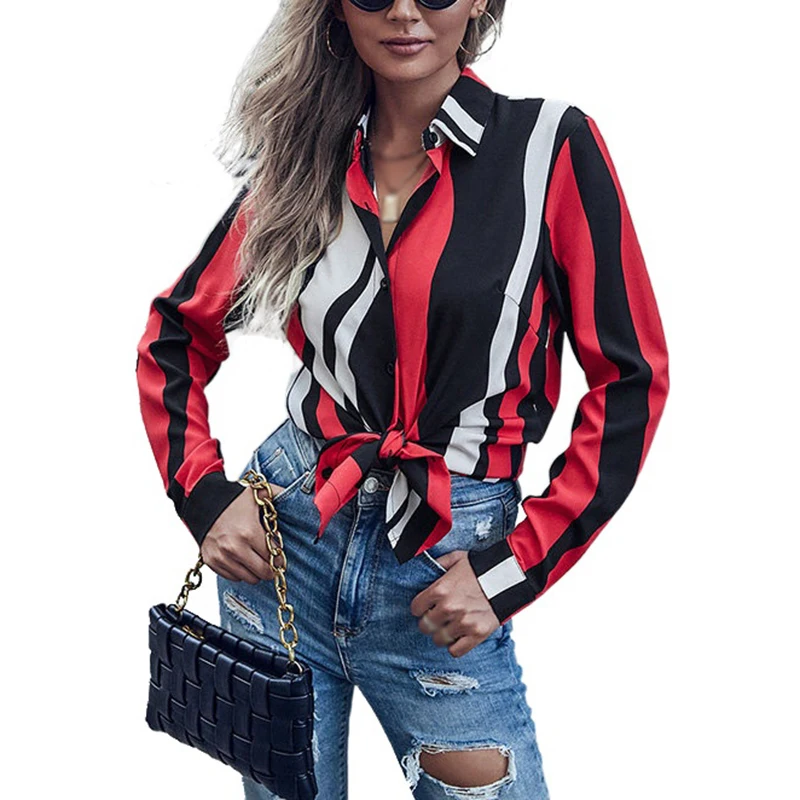 

Stripe Patchwork Single Breasted Lightweight Lapel Collar Blouse Top Loose Fit Spring Long Sleeve Shirts for Women DFSEW1