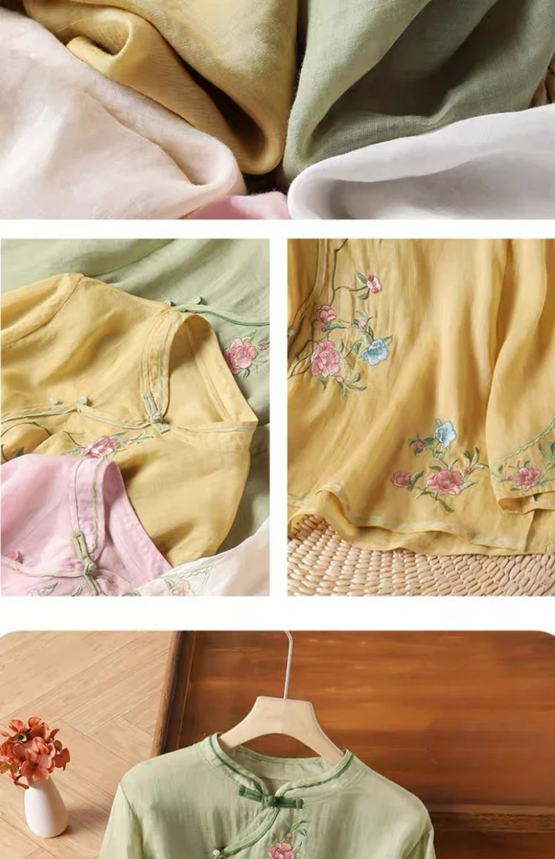 Рубашка женская из хлопка и льна блузка в китайском стиле с вышивкой свободная