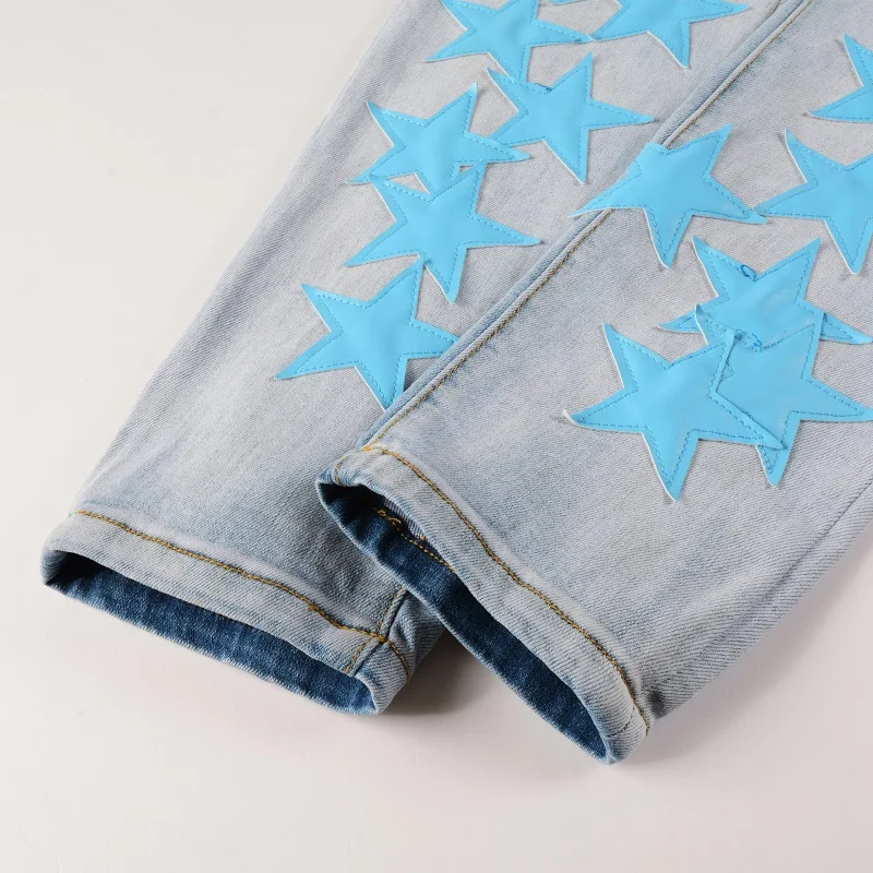 Men's Light Blue Distressed Streetwear Blue Stars Patchwork Slim Stretch Skinny High Street Fashion Style Ripped Jeans