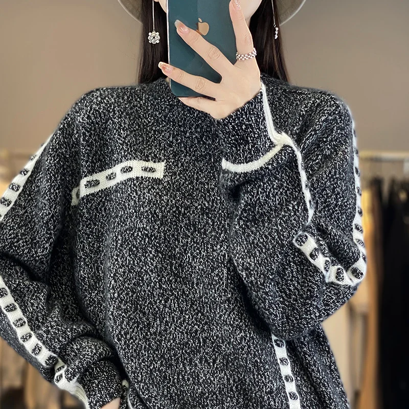 Новинка 2023 Женский вязаный пуловер из 100% чистой шерсти с длинным рукавом и