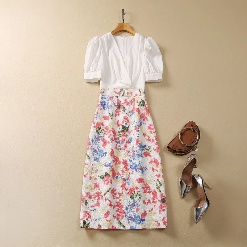 

Женская одежда в европейском и американском стиле, Новинка осени 2023, жаккардовое модное платье с V-образным вырезом и рукавом три четверти, XXL