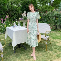 2022 summer new korean fashion waist closing bubble sleeve green floral dress long skirt women