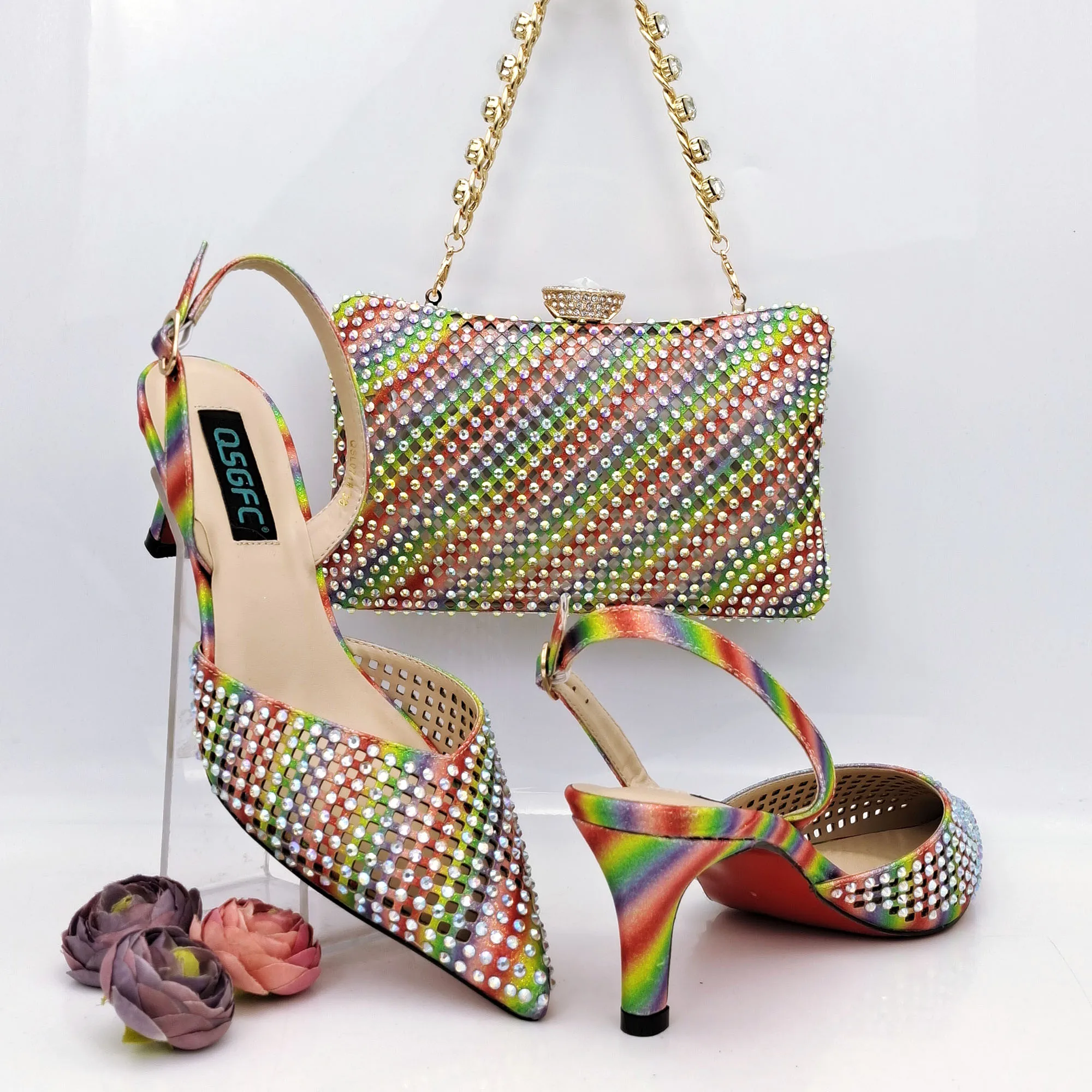 

2023 Noble and Elegangt Fashionable Special Style Ladies Shoes and Bag Set in Rainbow Color for Party and Wedding