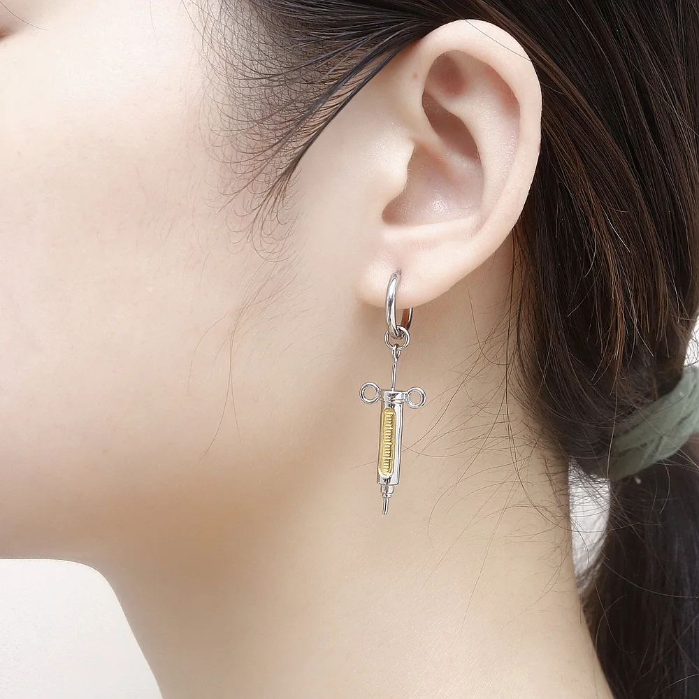 Женские серьги-подвески в виде шприца из нержавеющей стали