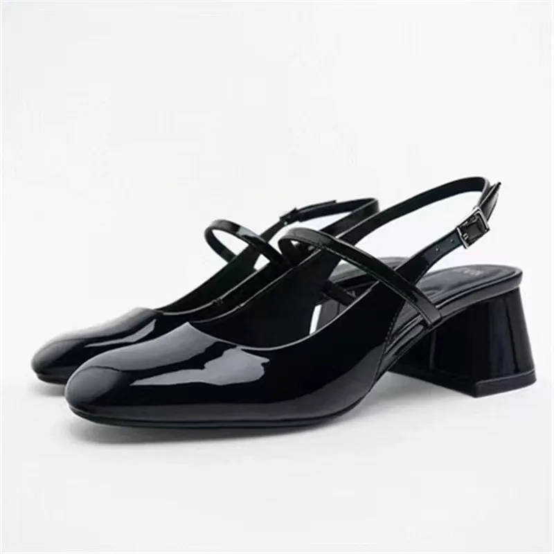 

ZA summer new women's shoes black patent leather thick-heeled Mary Jane shoes ballet shoes half-drag high-heeled sandals
