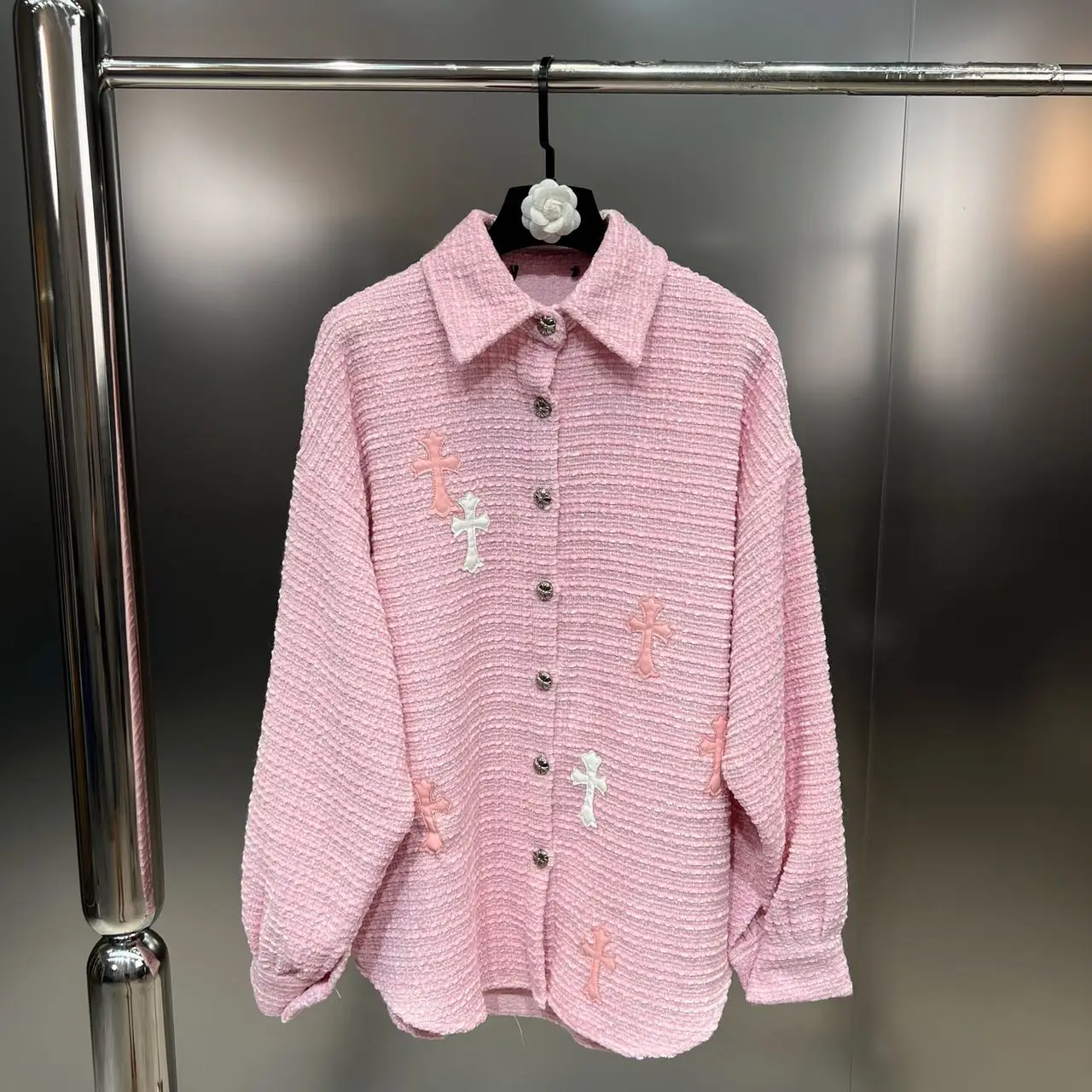

Autumn Women's Lapel Bubble Long Sleeve Label Cross Pattern Age-reducing Girls Pink Jacket