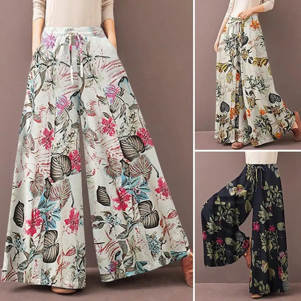 

Bohemia Woman Pants Wide Leg Vintage Flower Print Loose Pants for Office
