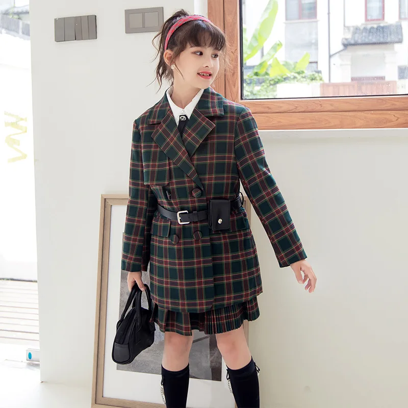 

Модный комплект одежды для девочек на весну и осень, детский клетчатый блейзер в стиле преппи, верхняя одежда + юбка, винтажный костюм из 2 предметов