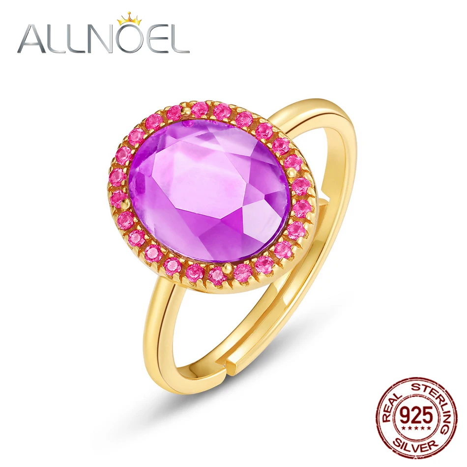 

ALLNOEL Solid 925 Sterling Silver Adjustable Rings For Women Synthetic Amethyst Blue Crystal Fine Jewelry Candy Series Gift