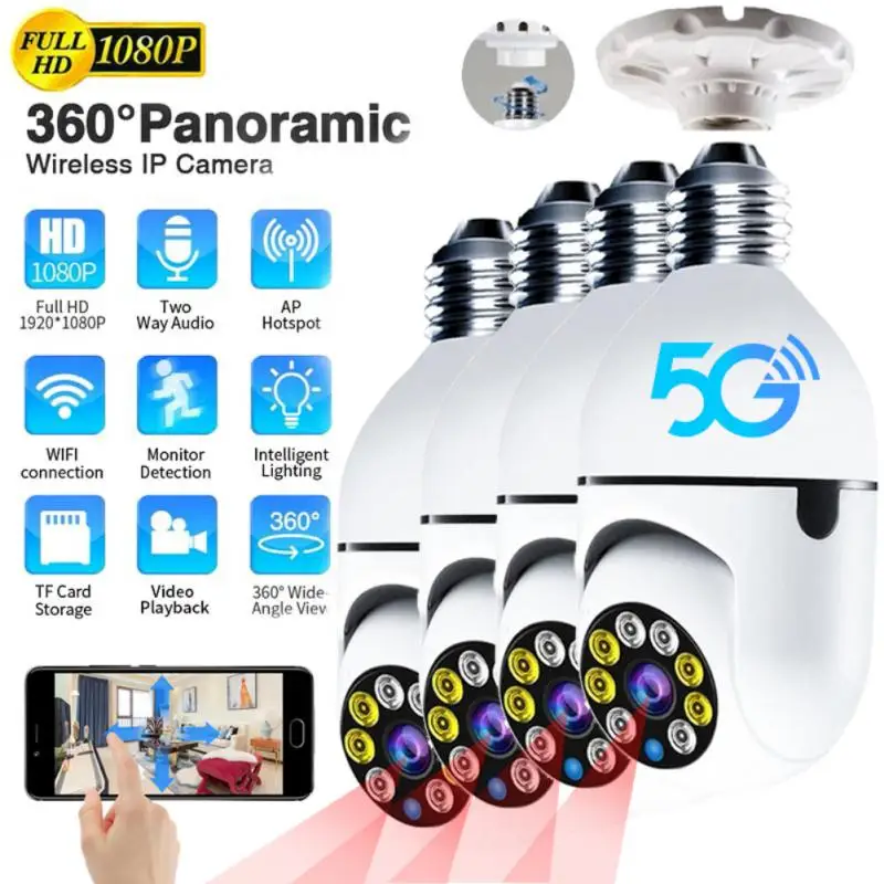 

1/2 Pcs E27 Bulb Camera 5G wifi Surveillance Cam Night Vision Full Color Automatic Human Tracking Video Security Monitor